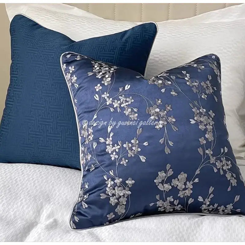 Deep blue satin cushion cover with intricate silver floral embroidery and stitched border for decorbites geometric jacquard decor