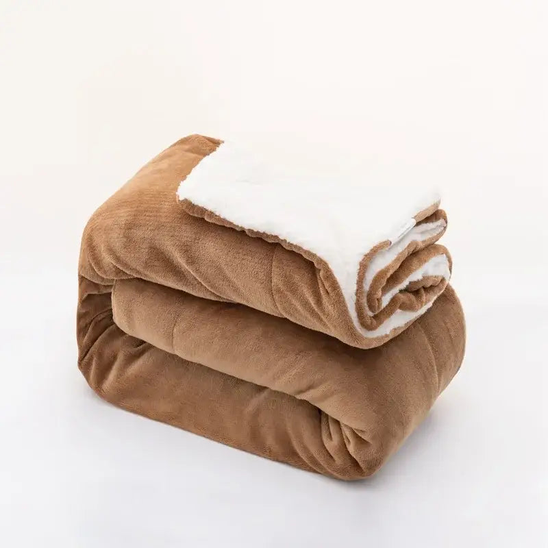 A cozy brown and white double-layer lamb fleece blanket folded to showcase its plush texture for bedroom use
