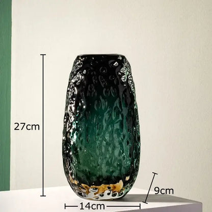 Tall textured glass vase with gradient deep green and black finish and gold-accented base for decorbites deep green decor
