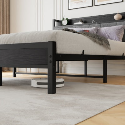 Black Metal Storage Bed Charging Station Headboard