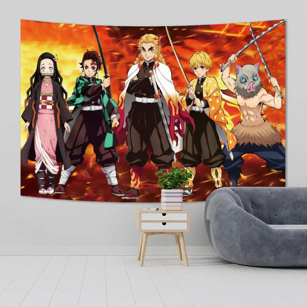 Vibrant orange and red flame-themed demon slayer anime cloth wall tapestry featuring five characters for bedroom decor