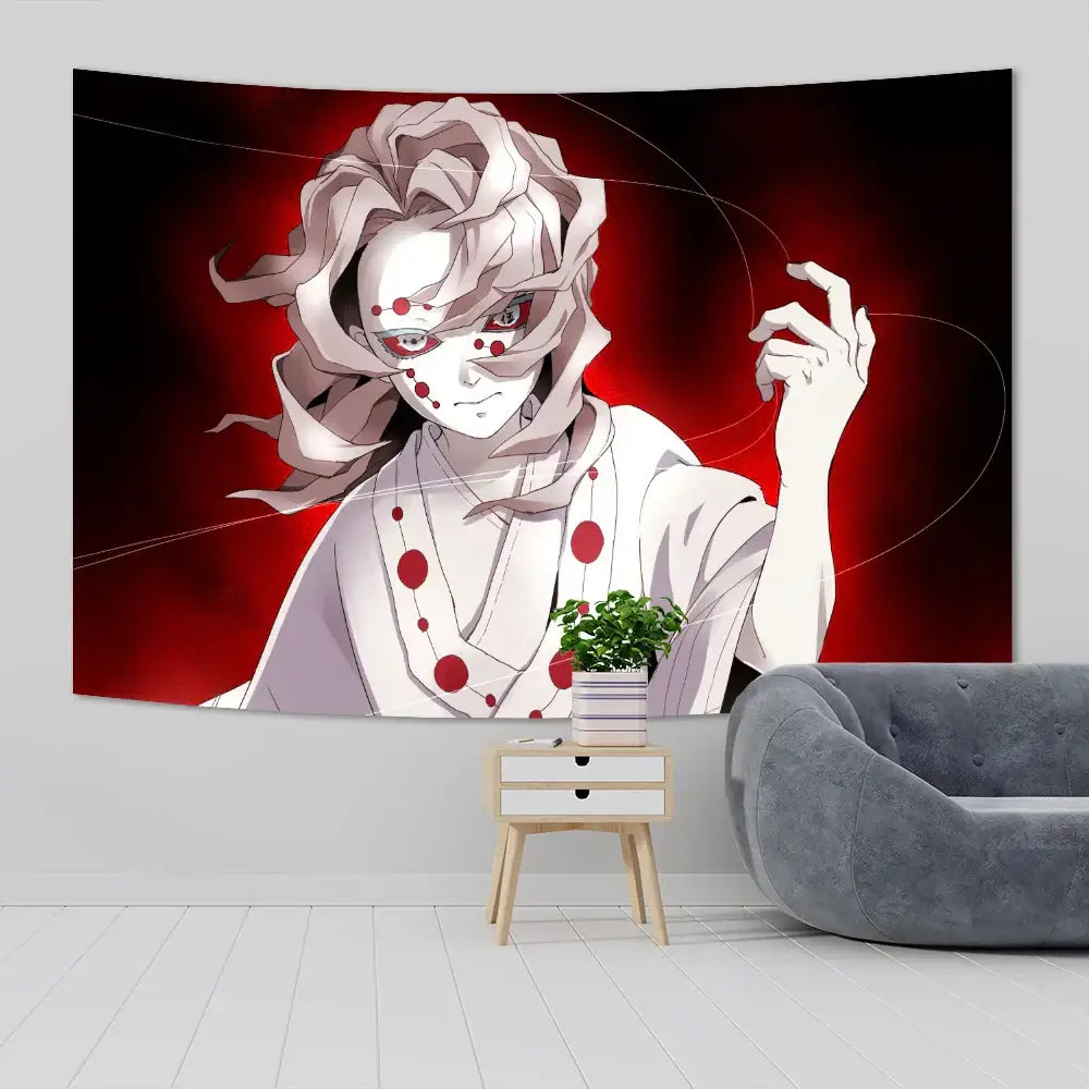 Demon slayer anime cloth wall tapestry with vibrant red and white stylized figure for bedroom decor