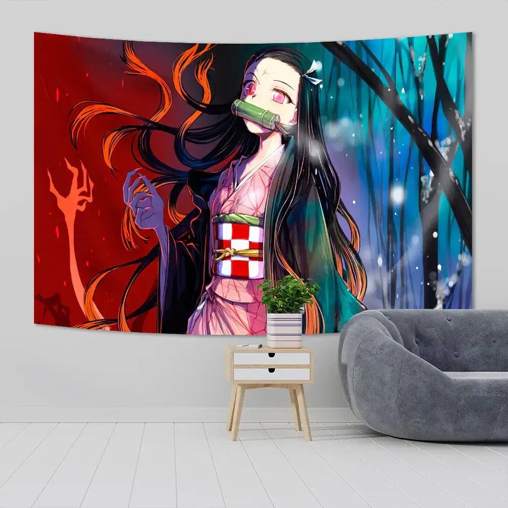 Vibrant demon slayer anime cloth wall tapestry featuring a character in pink and green kimono with long black hair