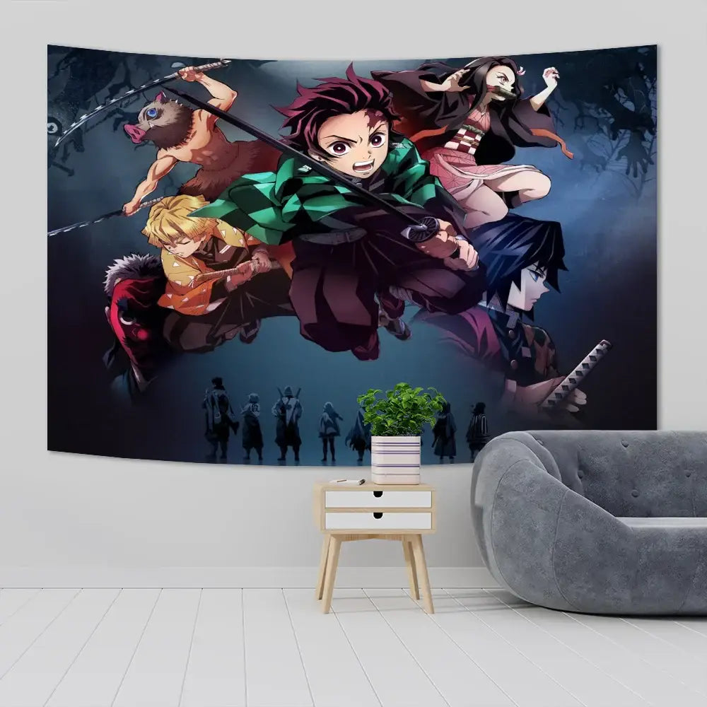 Vibrant demon slayer anime cloth wall tapestry with dynamic characters on dark backdrop for bedroom decor