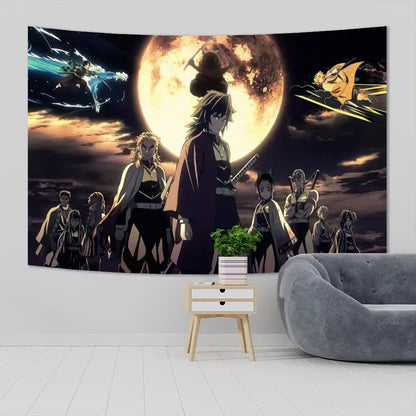 Vibrant demon slayer anime cloth wall tapestry featuring characters against a dramatic moonlit sky for bedroom decor