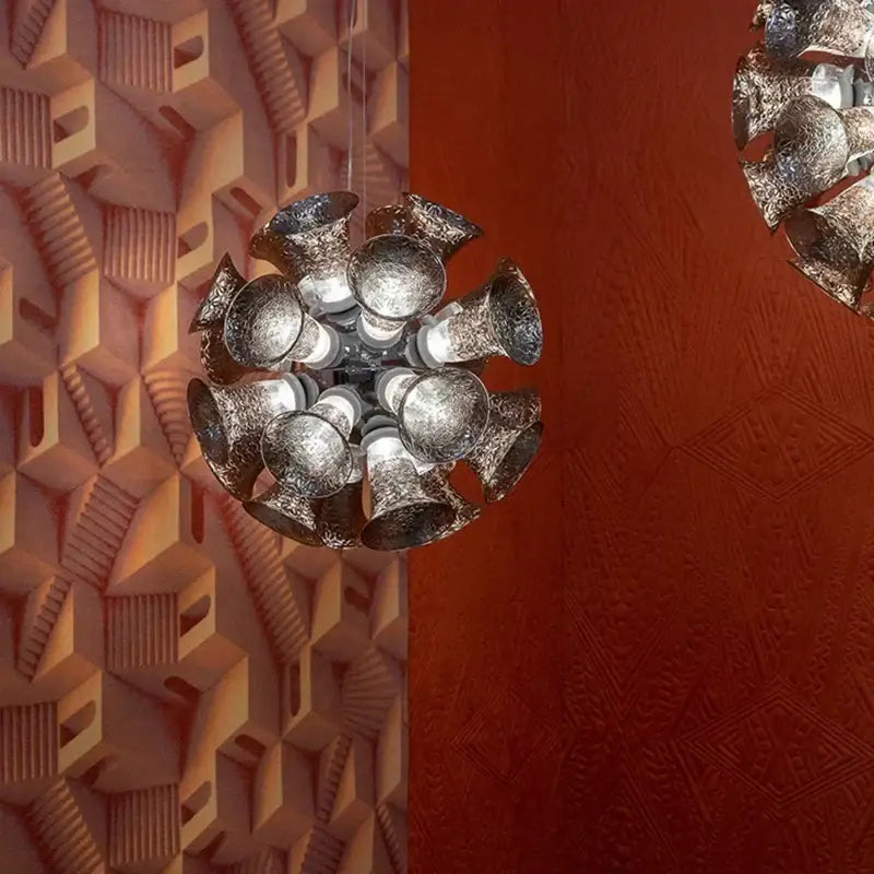 Silver textured chandelier with bell-shaped glass elements forming a spherical cluster from decorbites designer luxury chalice lamp