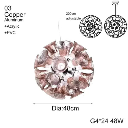 Designer luxury chalice gold petal pendant light with copper and aluminum frame and pinkish acrylic shades for living room