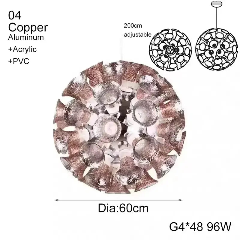 Designer luxury chalice gold petal pendant light featuring a spherical copper and aluminum chalice lamp frame with 48 bulbs