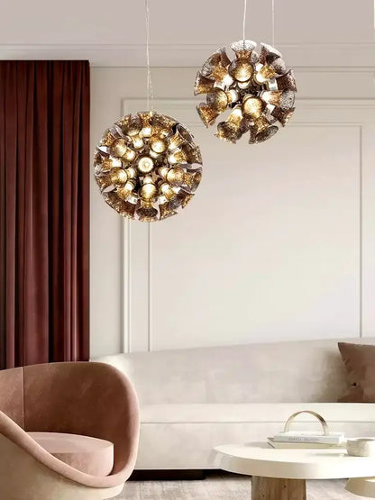 Two spherical gold-toned faceted glass pendant lights from decorbites designer luxury chalice lamp for living room decor