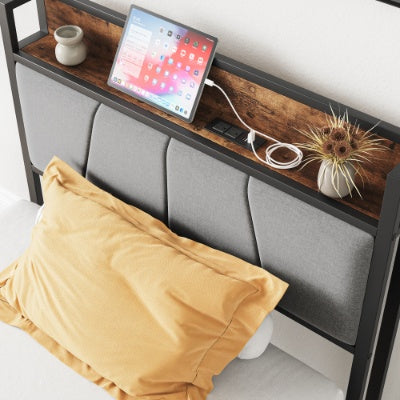 Twin Size Bed Frame, Storage Headboard With Charging Station, Solid And Stable, No Box Spring Needed, Easy Assembly