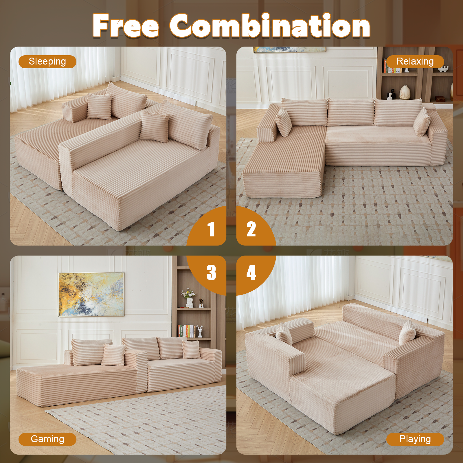 Beige Corduroy Sectional Sofa