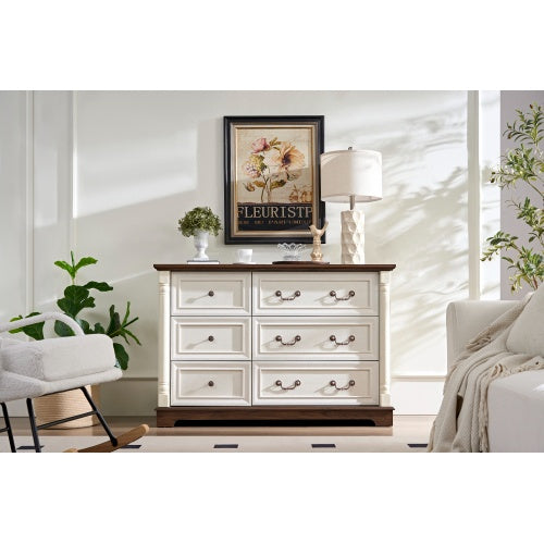 Farmhouse Style 6 Drawer Dresser Chest With Base Wooden Rustic Chest Of Drawers, Storage Dresser Organizer For Bedroom, Living Room, Beautiful Sturdy And Durable