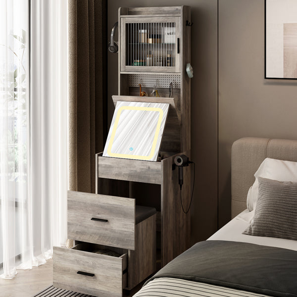 Gray Hemp Faced Particleboard With Triamine 2 Pull 1 Door 1 Flip LED 3 Tone Light Touch Mirror Dressing Table Set