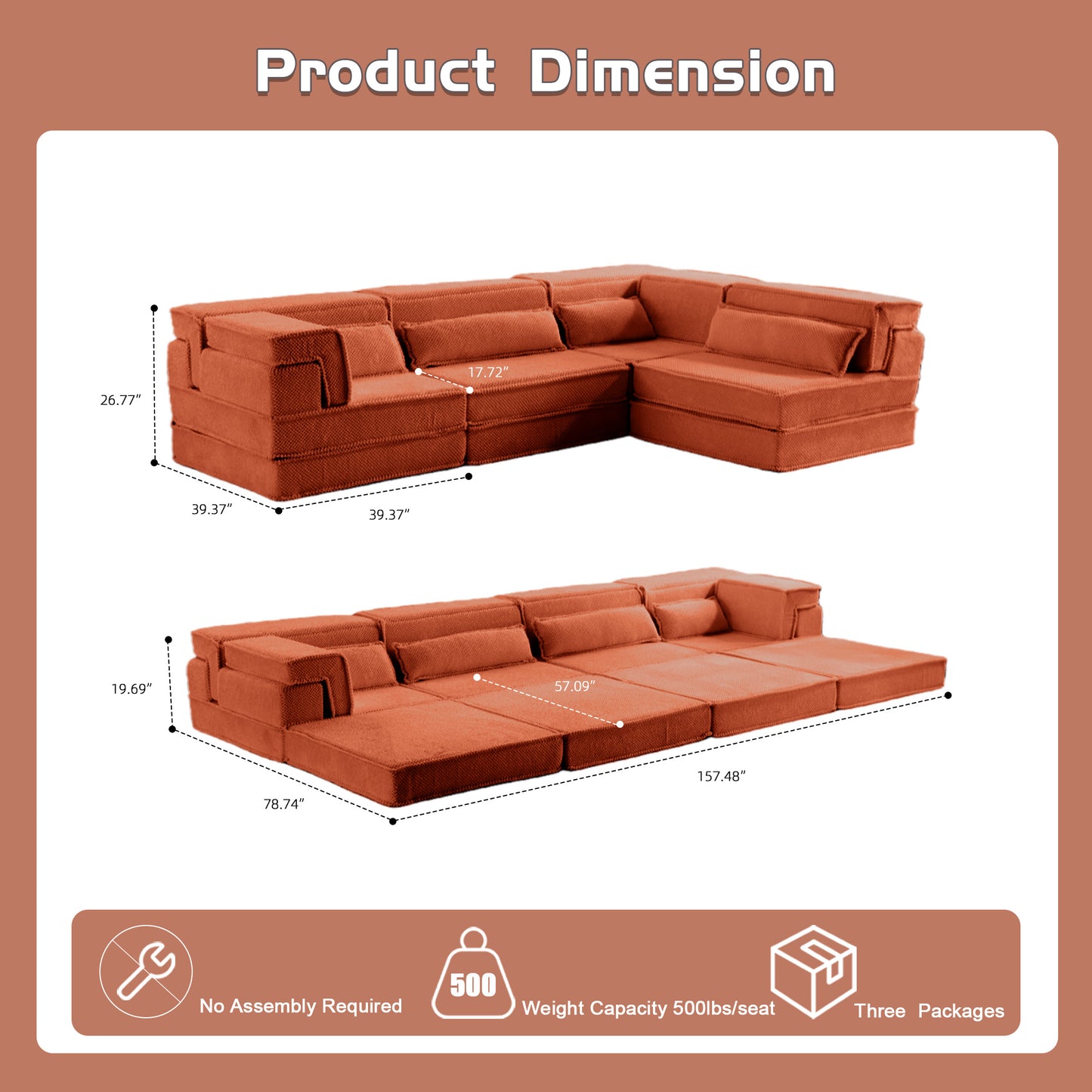 Compression Mahjong Sofa,Convertible Floor Sofa Bed,DIY Boneless Modular Sectional Sofa,No Assembly Required,Circle Fleece Fabric,Oversized 4 Seater With 4 Pillows,Orange