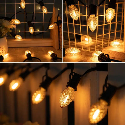 Warm golden-hued diamond chandelier led with faceted amber textured bulbs and black plastic sockets for dining room use