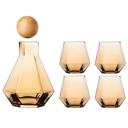 Geometric amber diamond crystal glass water decanter with wooden stopper and matching tumblers for dining room