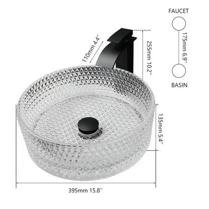 Clear glass diamond glass basin set with geometric pattern and matte black faucet for modern bathroom use