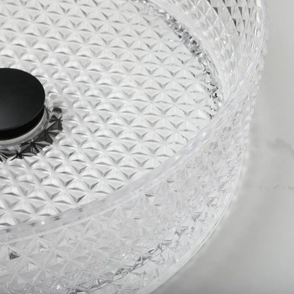 Clear crystal cake stand with geometric diamond-cut pattern and black knob for diamond glass basin set bathroom use