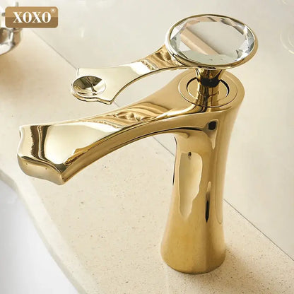 Diamond golden black basin faucet with gold finish and faceted crystal knob for modern bathroom mixer tap