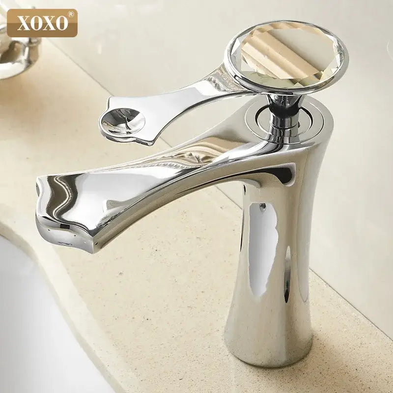 Chrome finished xoxo diamond golden black basin faucet with ornate spout and decorative crystal handle for bathroom use