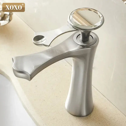 Silver xoxo basin faucet with diamond golden black finish and faceted crystal handle for modern bathroom use