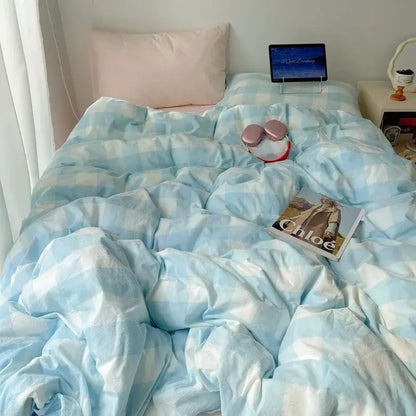Light blue and white gingham patterned quilt cover for diamond jacquard duvet cover cream skin friendly bedding