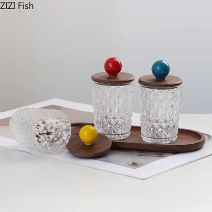Clear glass diamond pattern jewelry jars with walnut lid and decorbites colorful ceramic ball knobs for bedroom storage