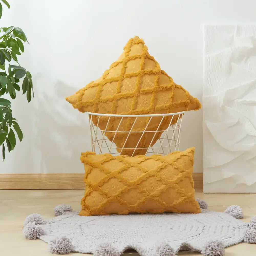 Mustard yellow textured throw pillow with diamond solid embroidery and frayed edges cushion cover for living room