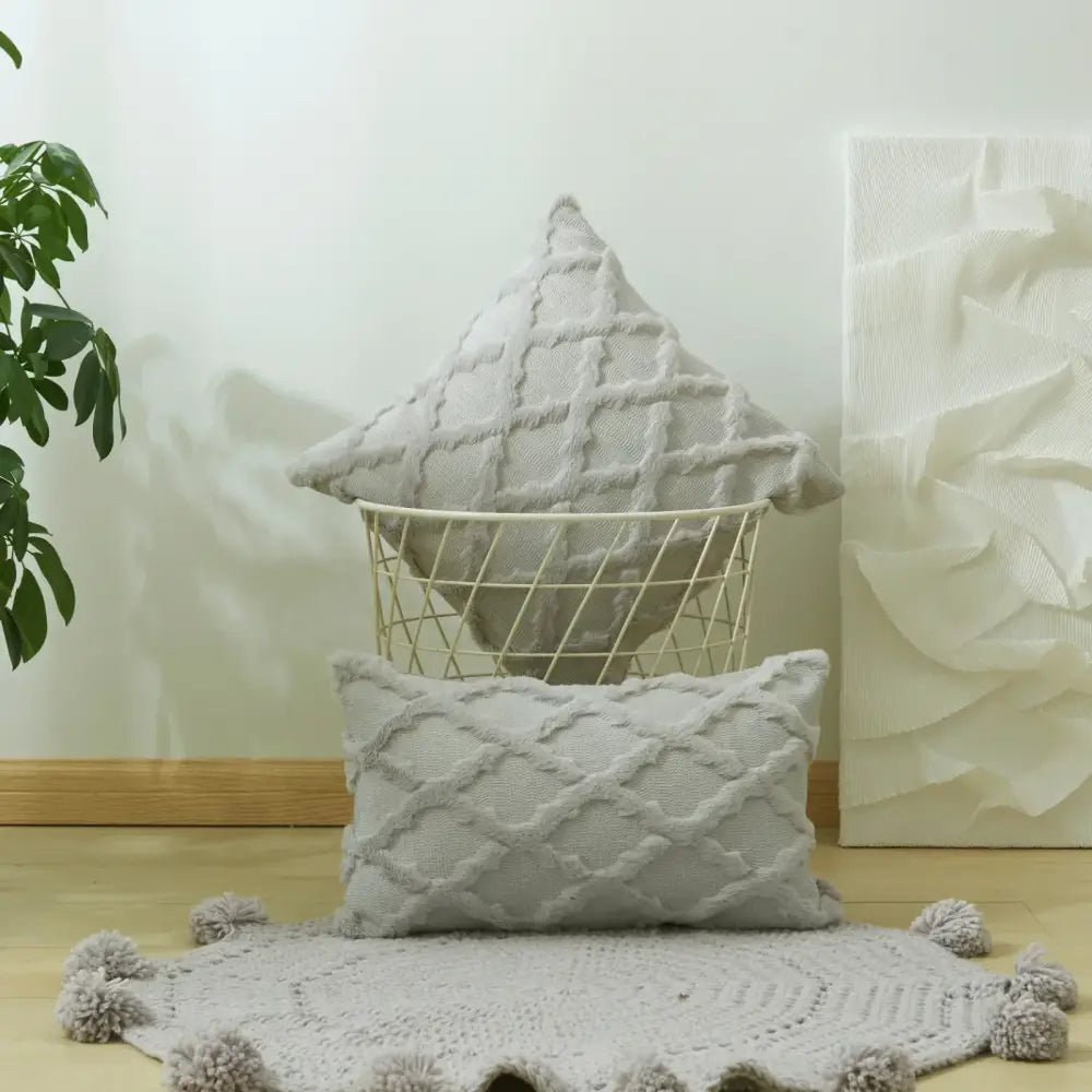 Soft gray textured throw pillows with diamond solid embroidery and fluffy pom-pom trim cushion cover for living room