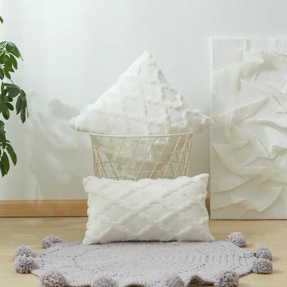 White textured throw pillows with soft plush fabric and diamond solid embroidery cushion cover for living room use
