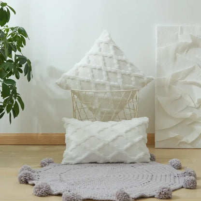 White textured throw pillows with diamond solid embroidery cushion cover in soft plush fabric for living room use