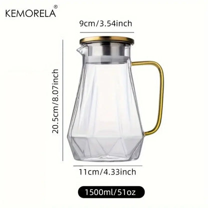 Clear glass teapot with diamond texture faceted design and gold-toned metal lid and handle for dining room use