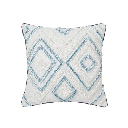 White throw pillow with textured light blue geometric embroidery diamond tufted blue cushion cover for living room