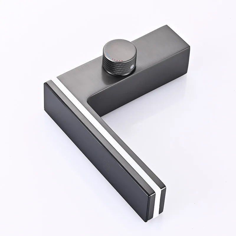 Black metal glass cutter with textured knob and white stripes for single hole installations and durable housing material