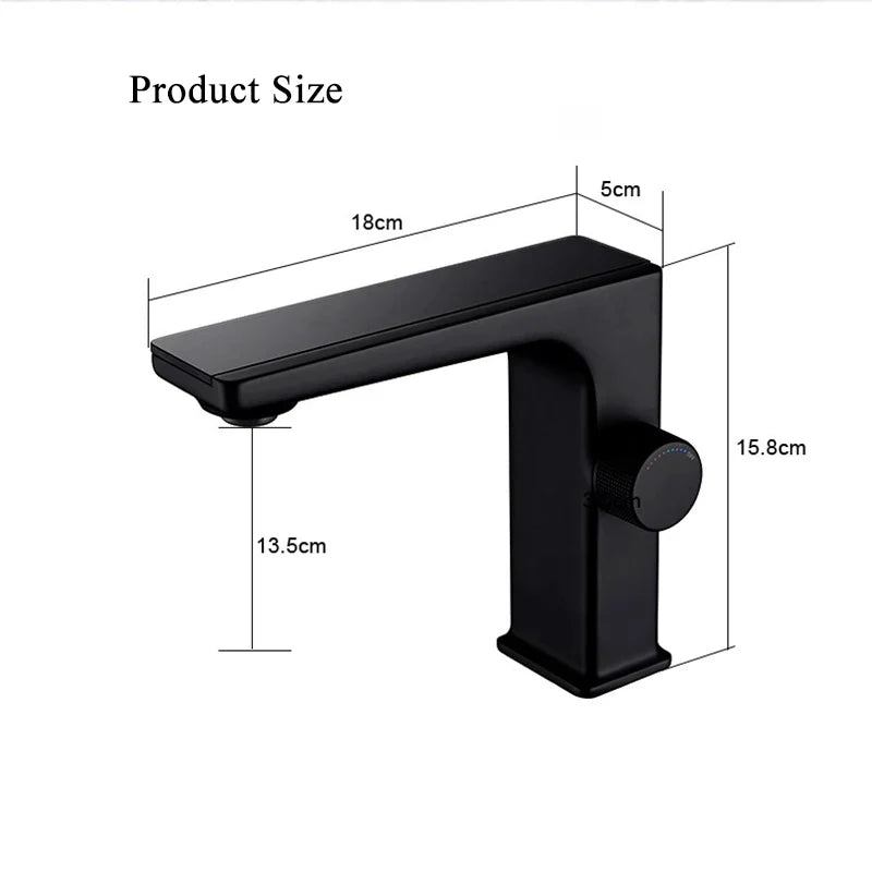 Black matte single hole digital display bathroom basin faucet with brass housing material and integrated cold water control knob