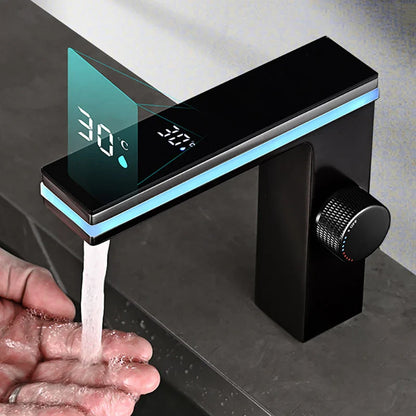 Black single hole modern brass bathroom basin faucet with digital temperature display and blue led cold water lighting accents