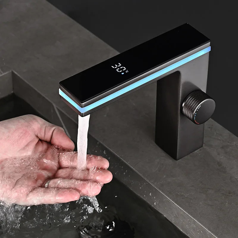 Modern matte black single hole digital display bathroom basin faucet with brass housing material and cold water mixer