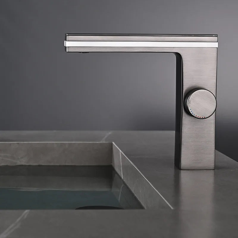 Modern brushed stainless steel single hole bathroom basin faucet with rectangular spout and circular cold water knob housing material brass