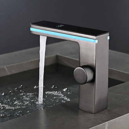 Modern brushed stainless steel single hole bathroom basin faucet with blue led light and textured knob cold water control housing material brass