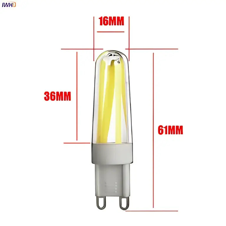 Dimmable cob led bulb clear glass filament lamp with white base and metallic prongs, 61mm height for living room decor