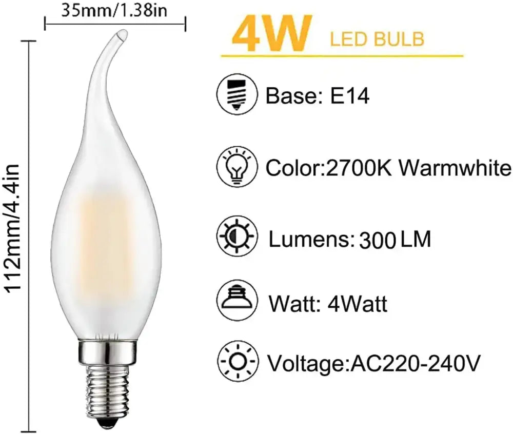 A decorbites dimmable led candle light with frosted glass e14 base emitting warm white light for dining room chandeliers
