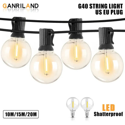 Ganriland g40 dimmable led outdoor globe string lights with clear shatterproof bulbs and black plastic clips for patio decor