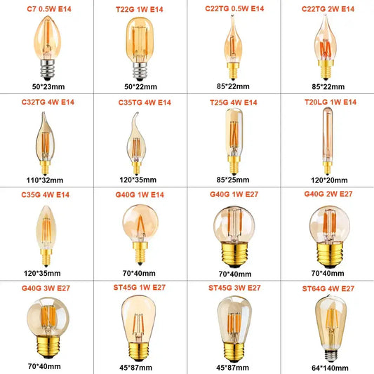 Collection of dimmable vintage led filament bulbs in amber glass with brass bases for decorbites vintage bedroom light