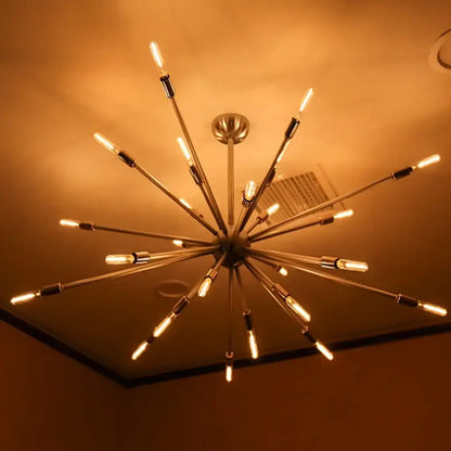 Modern brass starburst chandelier with multiple exposed dimmable vintage led filament bulbs for bedroom decorbites light