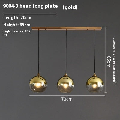 Gold pendant light with three spherical glass shades and wooden long platter for dining room 3-head disc chandelier