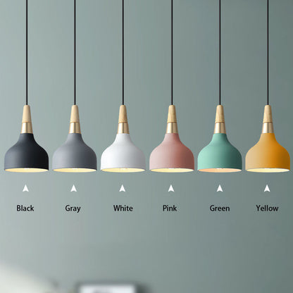 Six color pendant dining room chandelier with wooden accents and hanging cords for dining room or corridor lighting