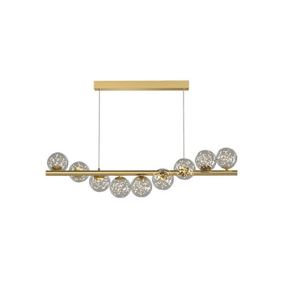Gold linear dining room chandelier with clear glass globe bulbs wooden accents creative 3d long light source design