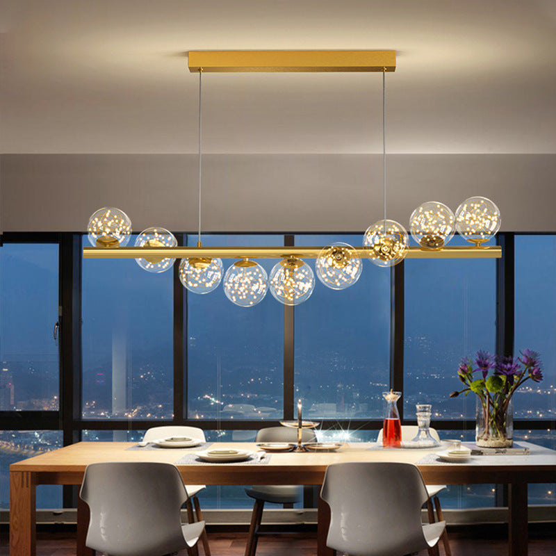 Gold rectangular dining room chandelier with spherical glass globes creative 3d long light source fixture