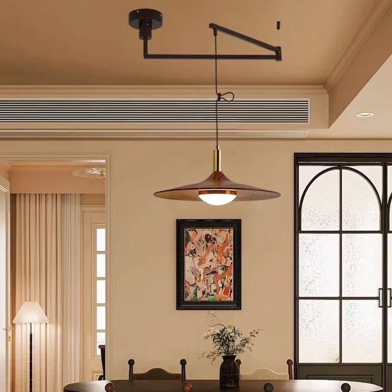 Pendant light dining room chandelier with gold and black finish and adjustable arm in modern walnut design