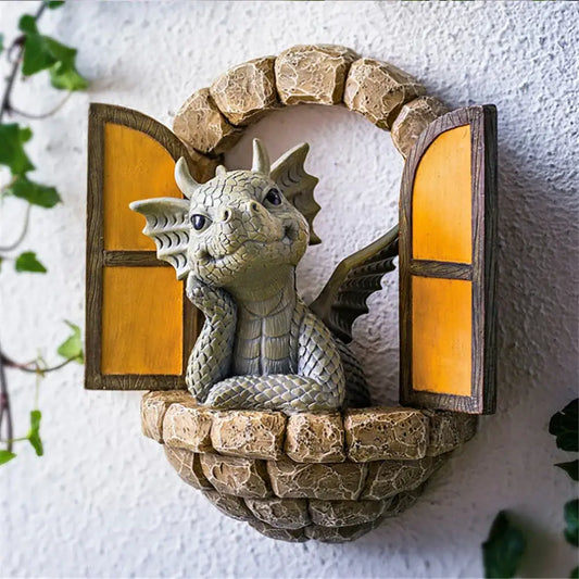 A charming gray dino garden sculpture with detailed scales sitting in a stone window frame for outdoor decorbites decor